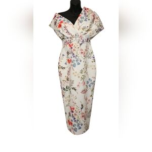 [ASOS] FALLEN SHOULDER FLORAL Print MIDI PENCIL DRESS with TIE DETAIL WOMENS 6